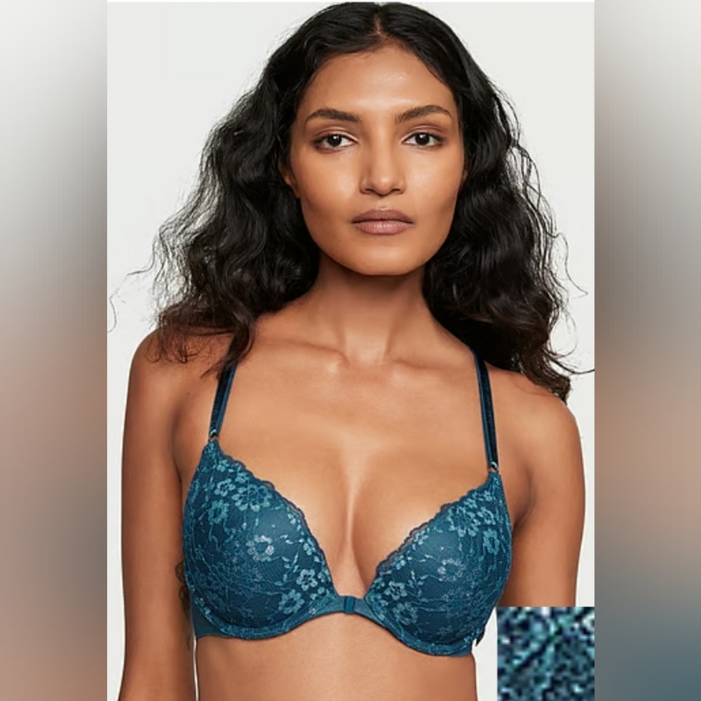 Victoria's Secret Sexy Tee Posey Lace Push-Up Bra 38DDD Storm Blue EUC